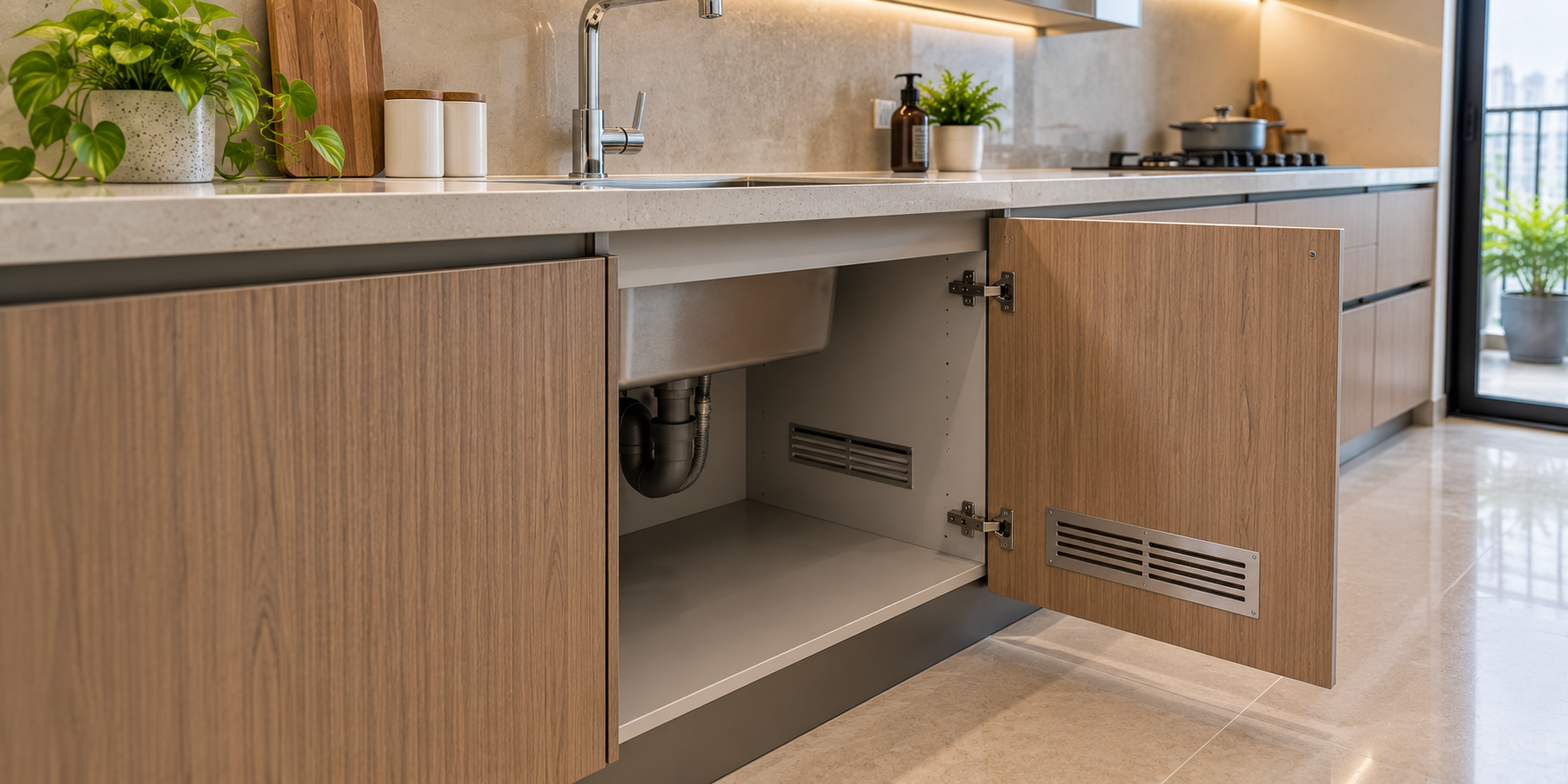 Kitchen sink cabinet with sealed laminate edges, ventilation clearance and carefully finished panels