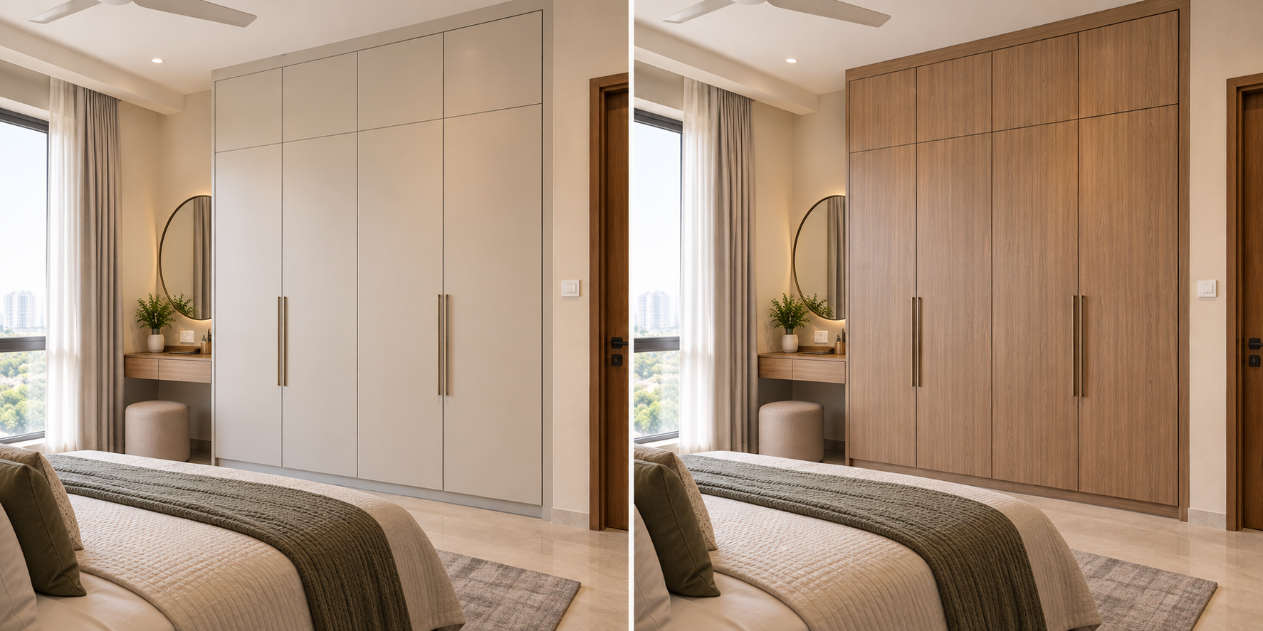 Indian bedroom comparing a soft matt PU wardrobe with a warm woodgrain laminate wardrobe in natural light