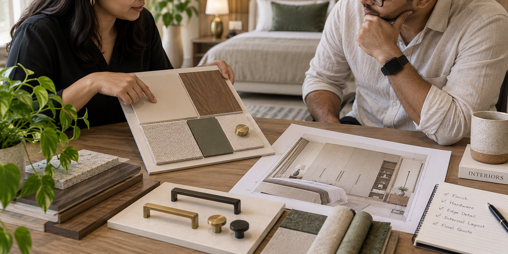 Interior designer and homeowner reviewing wardrobe material board, bedroom elevation and hardware samples