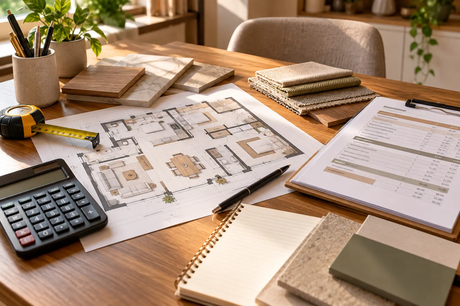 Interior design planning workspace with a residential floor plan, measuring tape, calculator, material samples and a quotation sheet