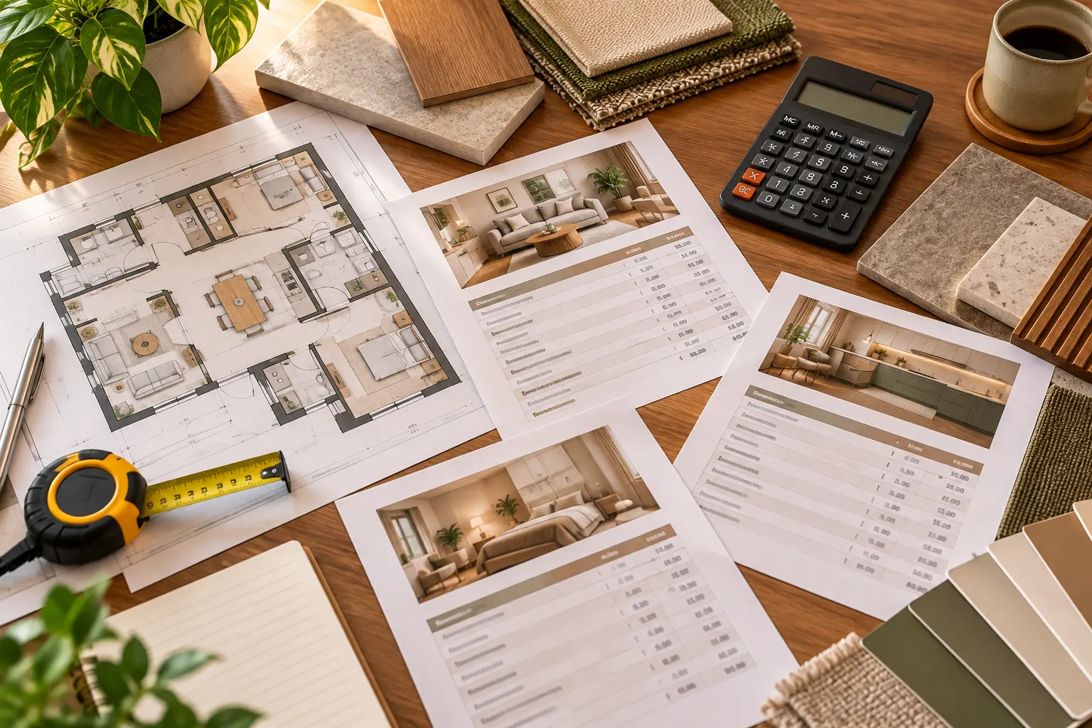 Interior renovation planning workspace with apartment floor plans, room design sheets, material samples, calculator and itemised quotation documents