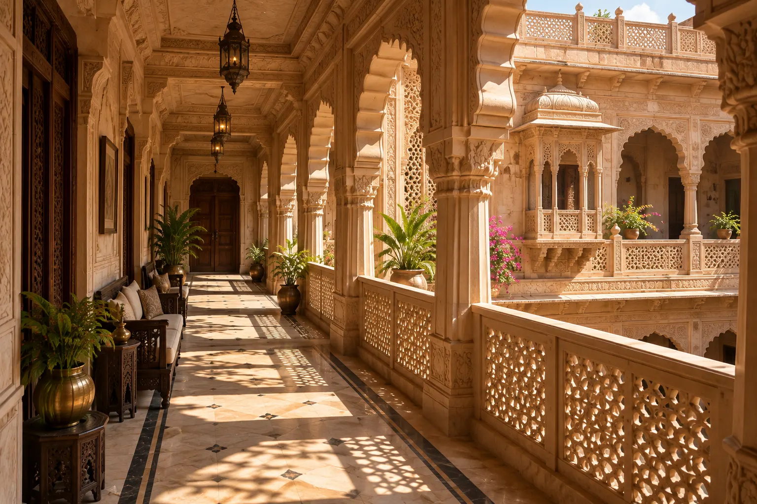 Traditional Rajasthani haveli corridor with carved sandstone arches, jali screens, jharokha balconies and patterned sunlight