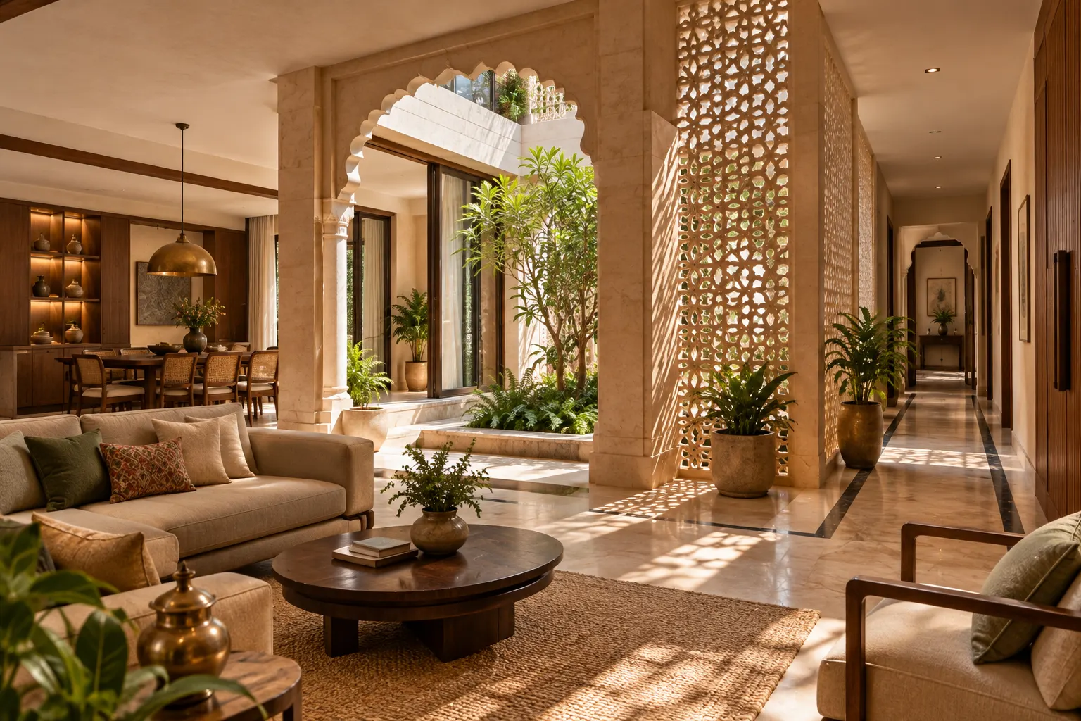 Contemporary Indian home combining a planted courtyard, carved archway, jaali screen, natural stone and modern living and dining spaces