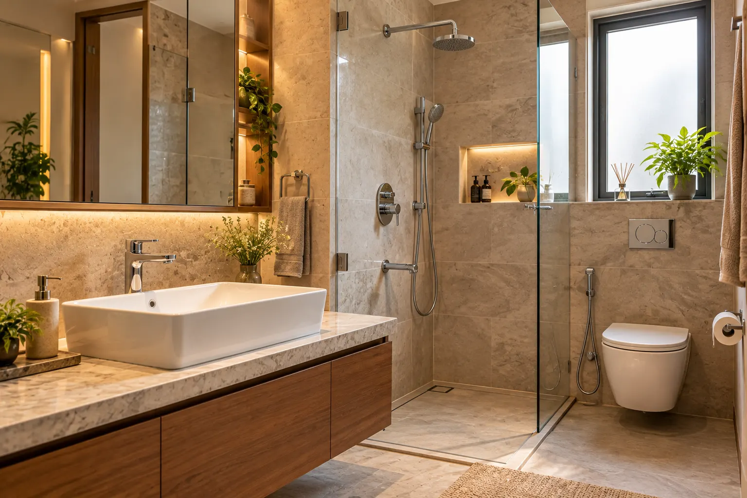 Contemporary bathroom with chrome basin mixer tap, overhead shower, hand shower, concealed shower controls and neutral stone finishes