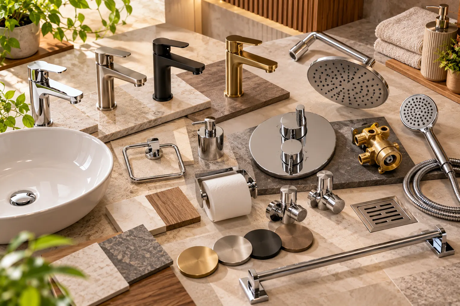 Bathroom fittings and finish board with chrome, brushed steel, matte black and brass taps, shower components and stone samples