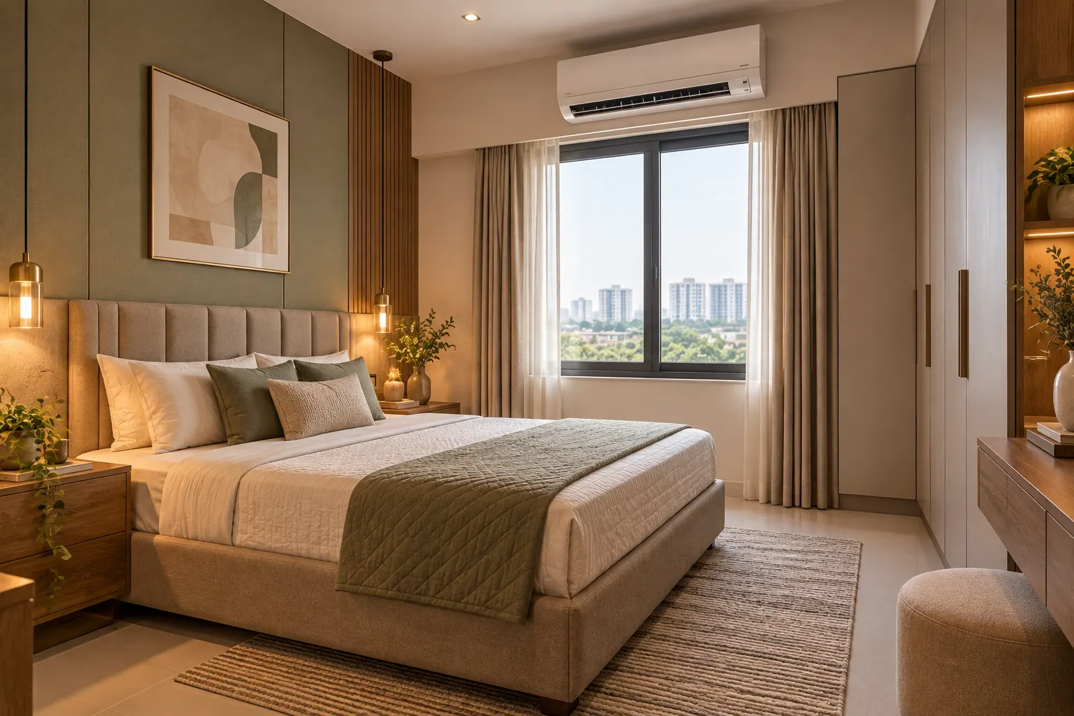 Warm modern bedroom with a wall-mounted split AC above the window, upholstered bed, fitted wardrobes and natural light