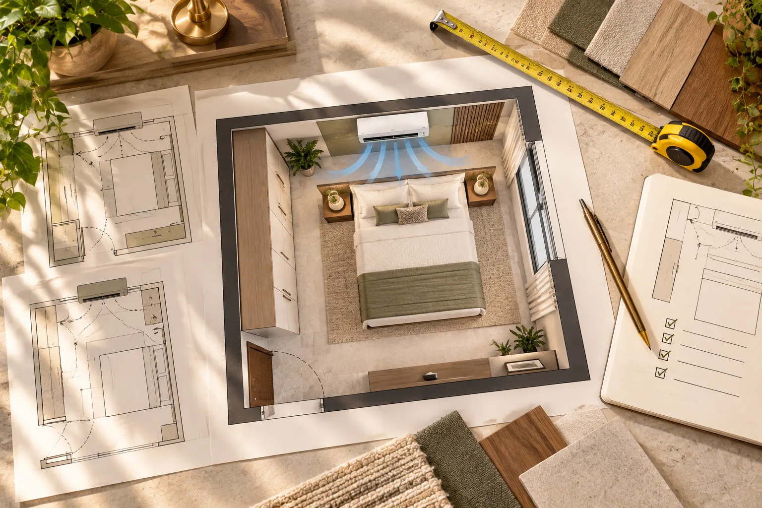 Bedroom layout planning board with a floor plan, bed and wardrobe arrangement, AC position, measuring tools and material samples