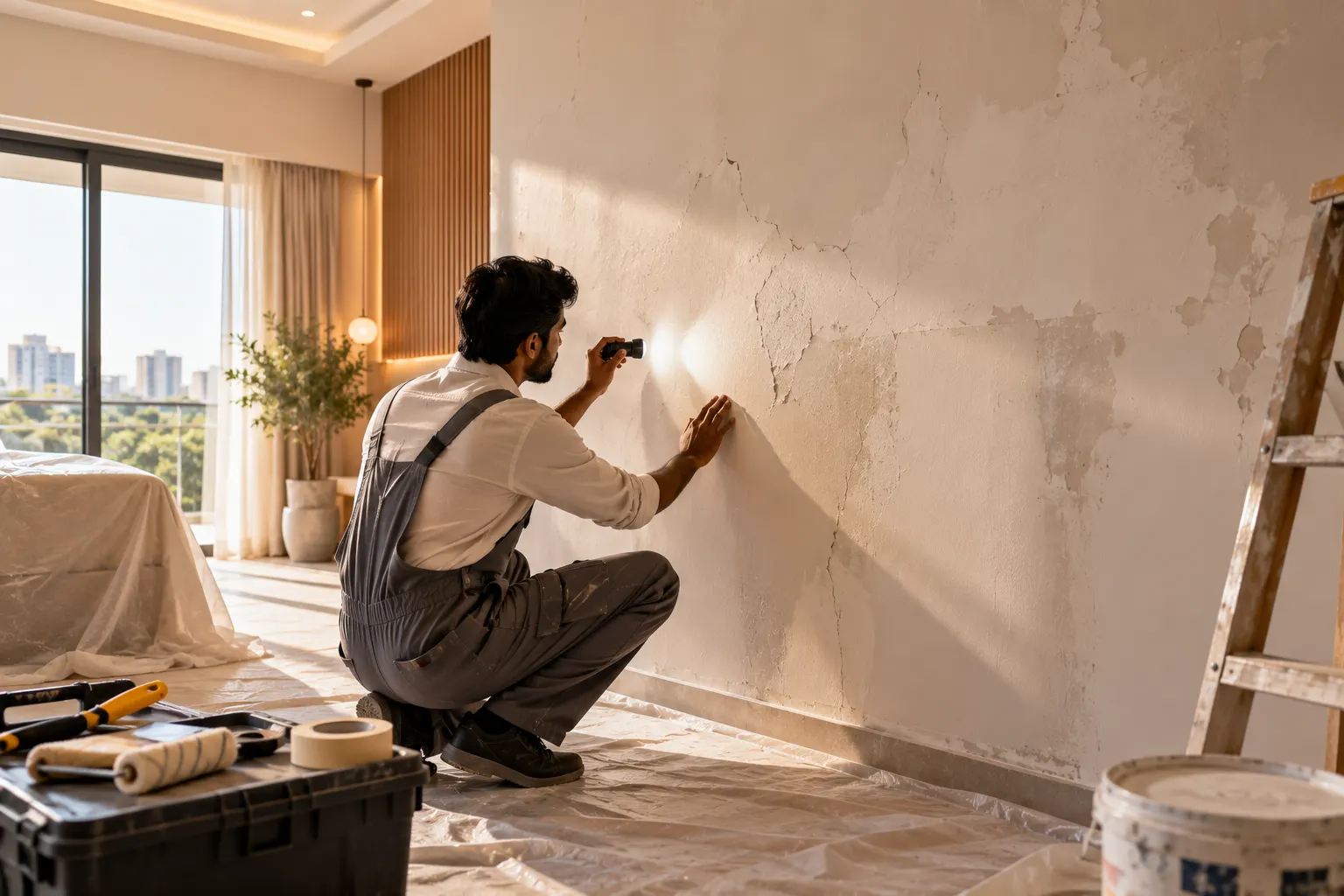 A professional inspecting cracks, peeling paint and uneven plaster before interior painting