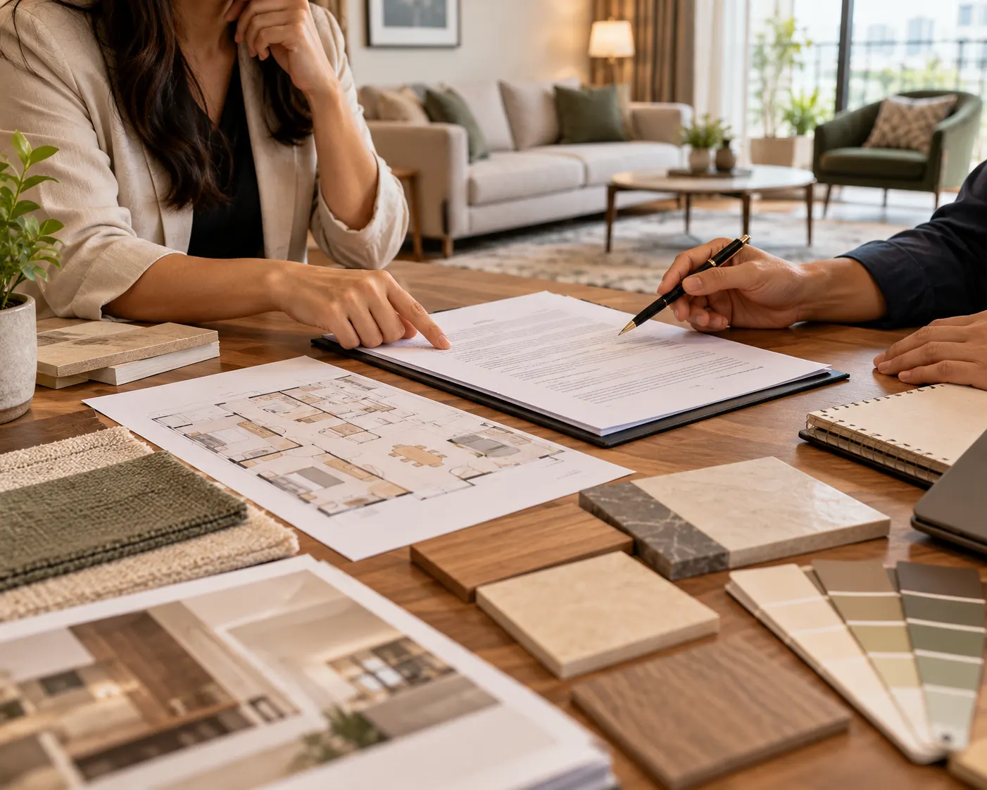 Homeowner and interior designer reviewing project documents, floor plans and material samples during a consultation