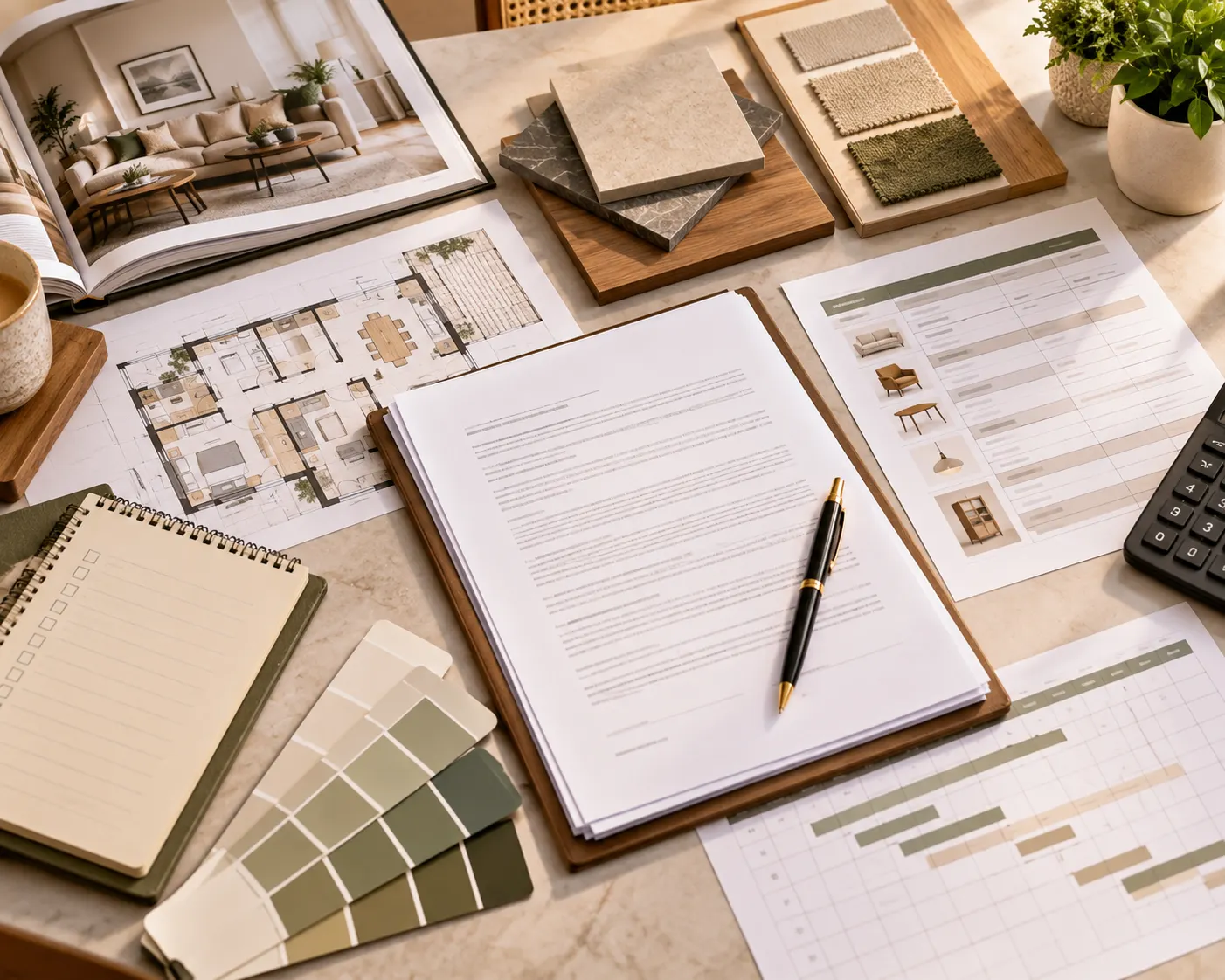 Interior design project planning desk with a contract, cost breakdown, schedule, floor plan, sample materials and calculator