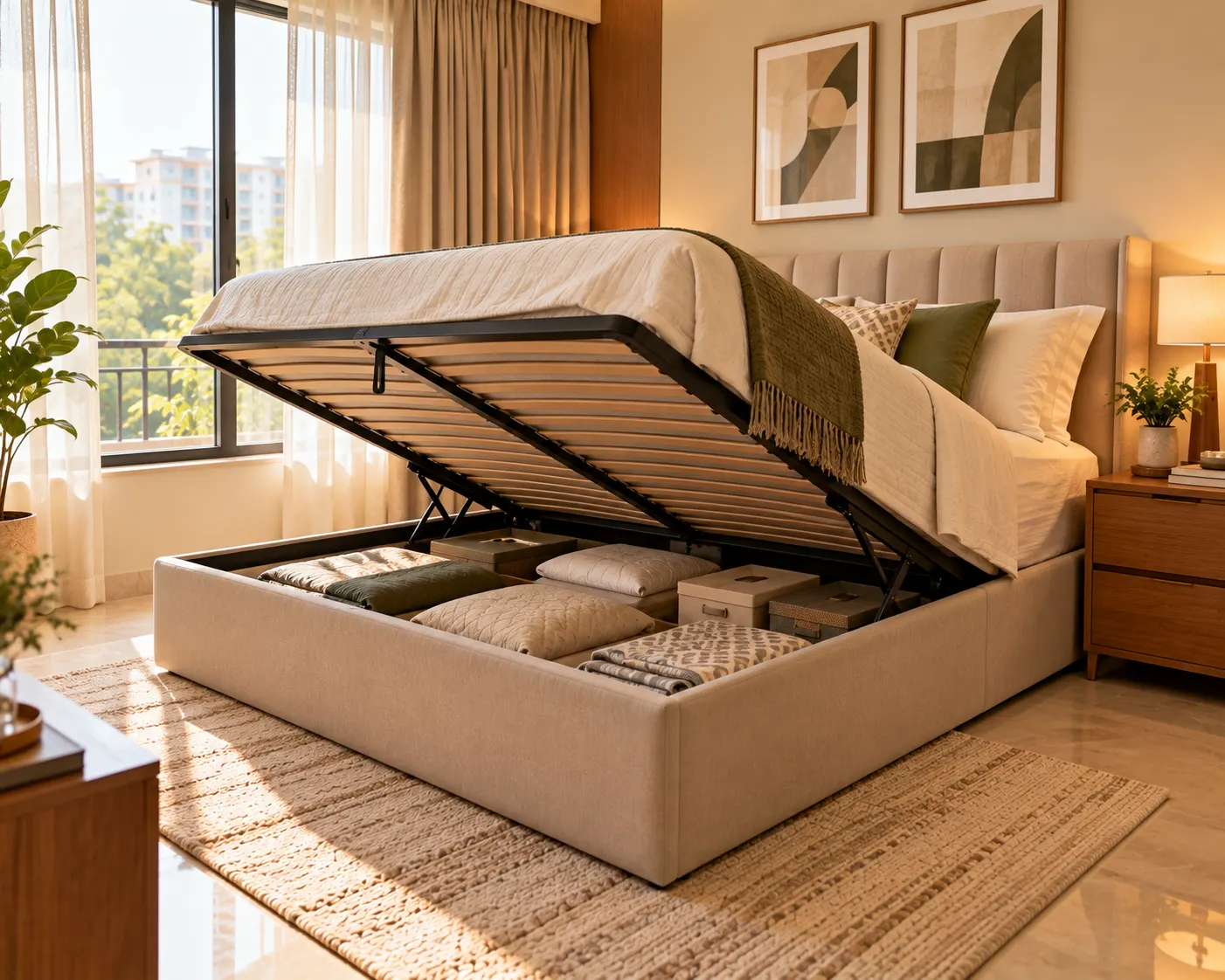 Cosy modern bedroom with a hydraulic lift-up storage bed revealing organised bedding and storage compartments
