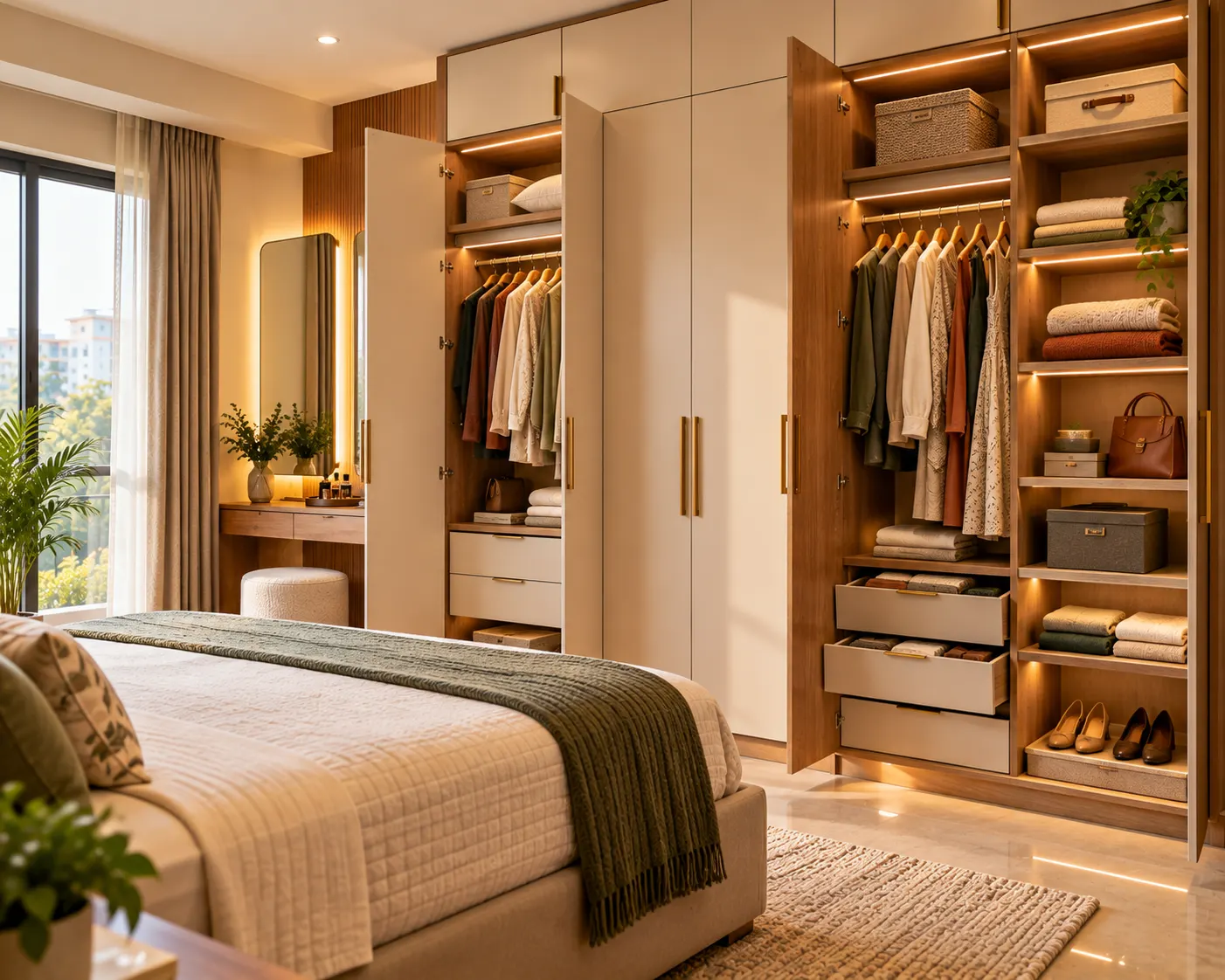 Warm modern bedroom with a full-height wardrobe featuring hanging clothes, shelves, drawers, footwear storage and organised accessories