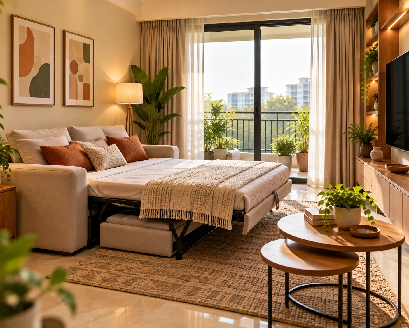 Compact modern living room with a convertible sofa bed opened for sleeping and nesting coffee tables
