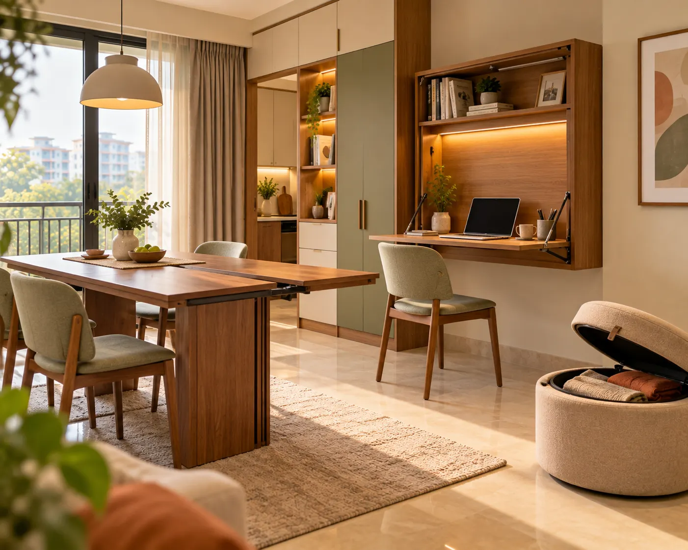Compact apartment combining a fold-down workstation, extendable dining table and storage ottoman