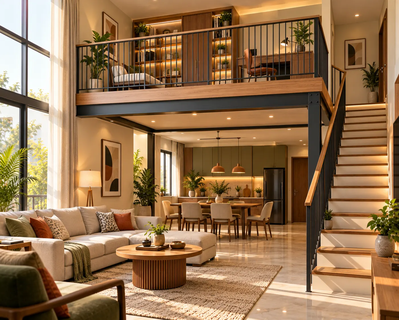 Warm modern home interior with a mezzanine overlooking the living room, visible supporting structure and staircase