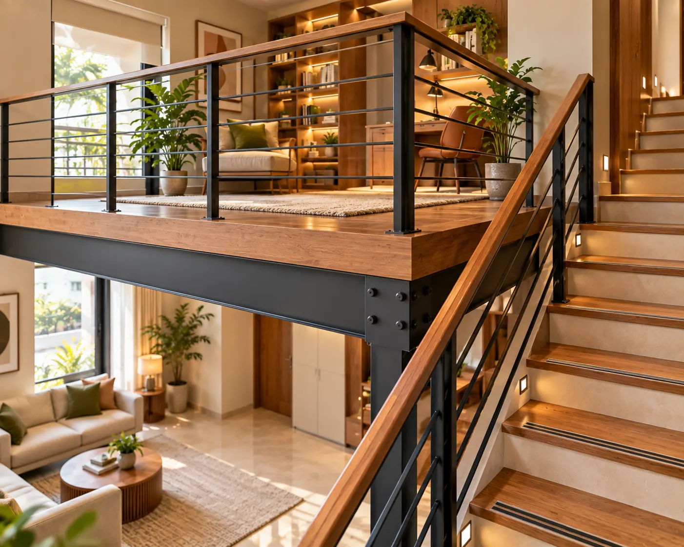 Warm minimalist mezzanine staircase with wooden steps, a handrail and metal guardrails at the elevated landing