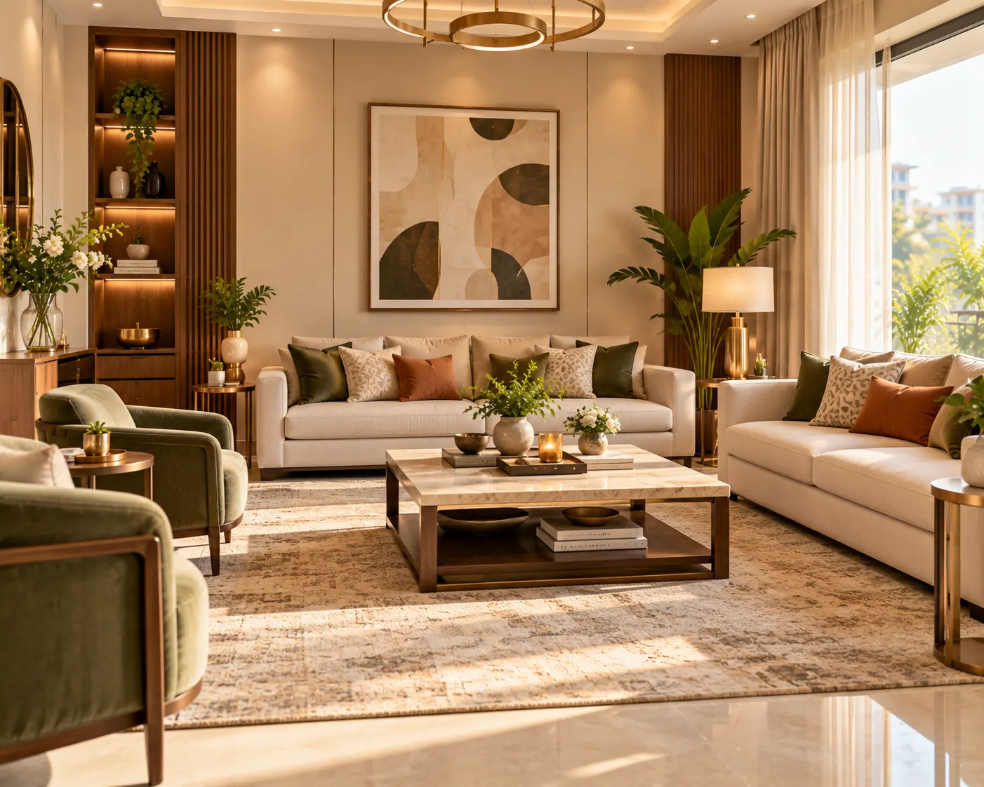 Elegant formal living room with refined seating, carefully styled decor, a coffee table and warm contemporary finishes