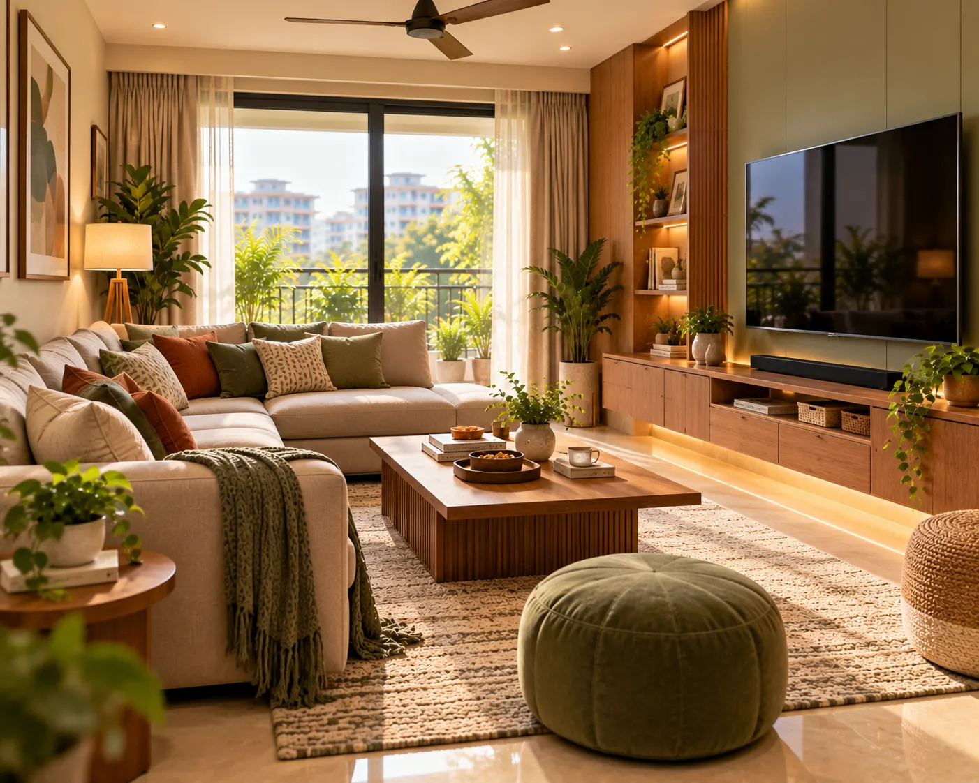 Comfortable modern family room with a cushioned sectional sofa, television, practical storage and warm wood finishes