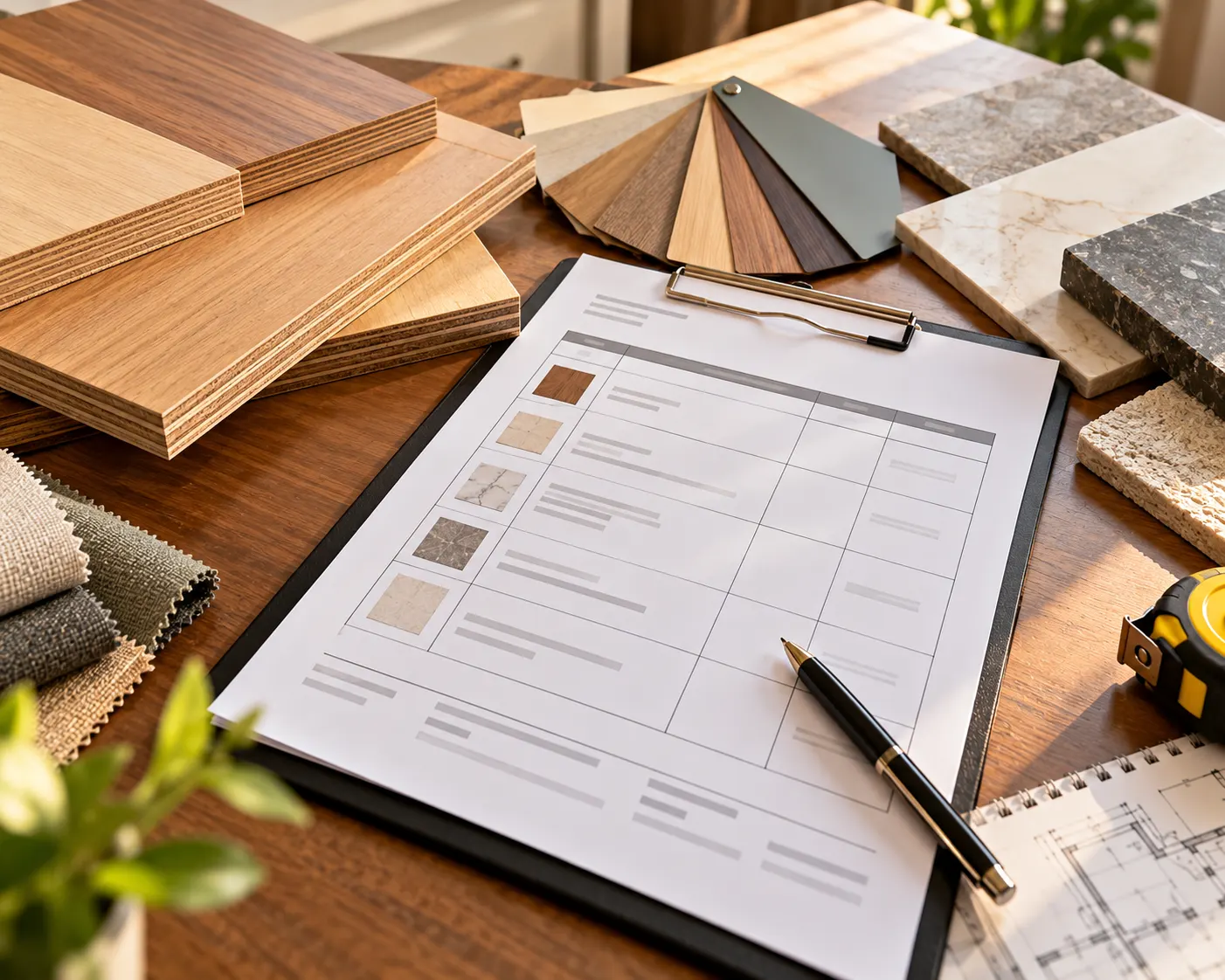 Renovation quotation surrounded by plywood boards, laminate samples, surface finishes and planning documents