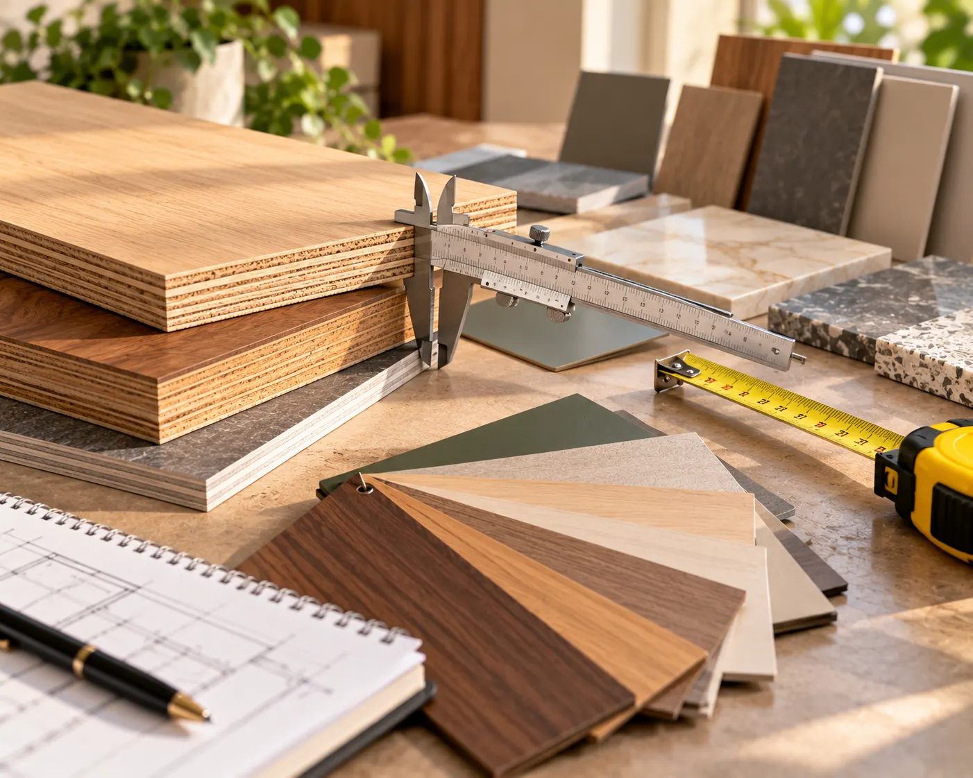 Layered plywood and surface samples with a measuring caliper and tape measure on a material inspection workbench