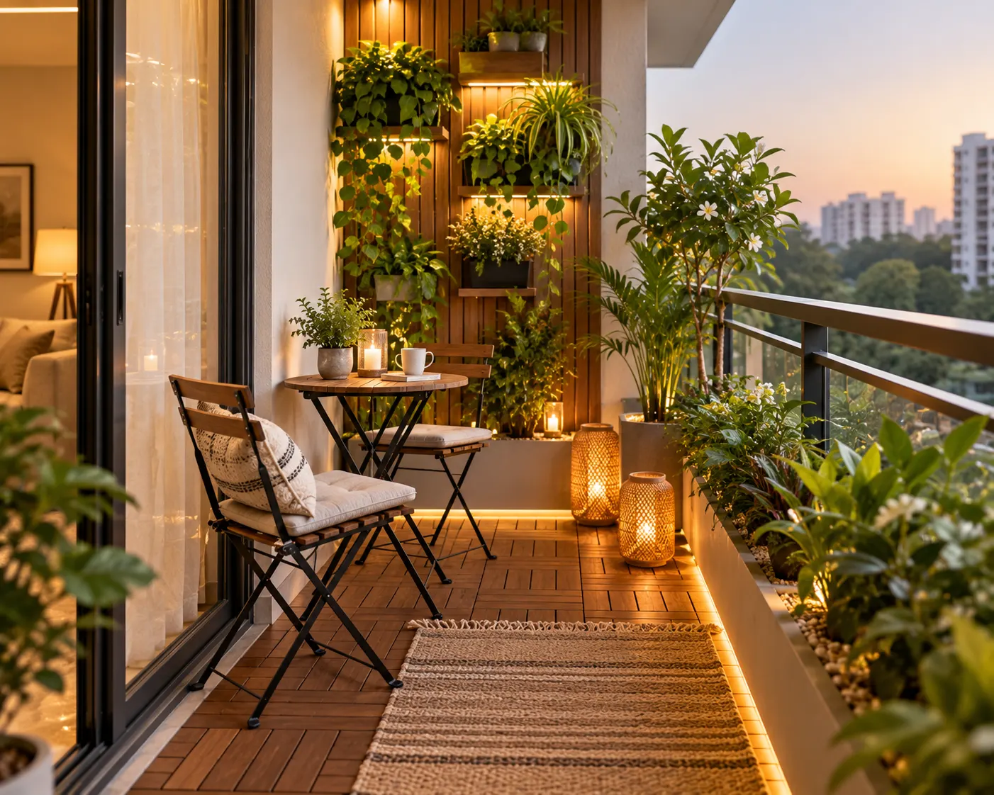Cosy small apartment balcony with space-saving seating, a vertical plant arrangement, wooden deck tiles and warm ambient lighting