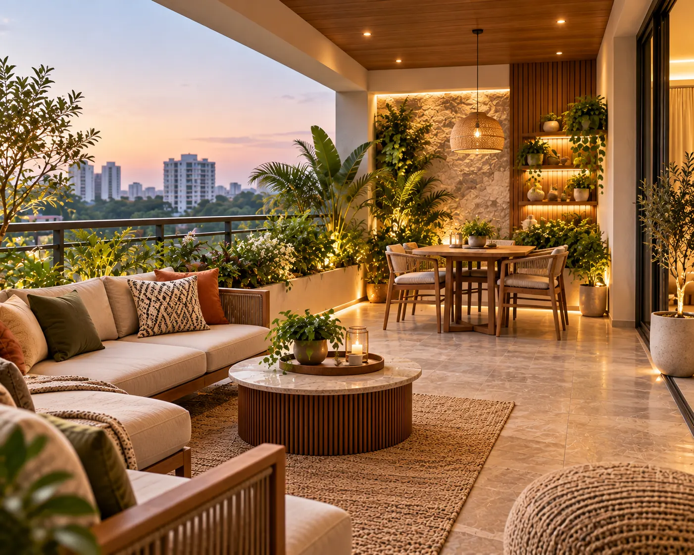 Spacious covered balcony with comfortable lounge seating, an outdoor dining corner, layered greenery and warm evening lighting