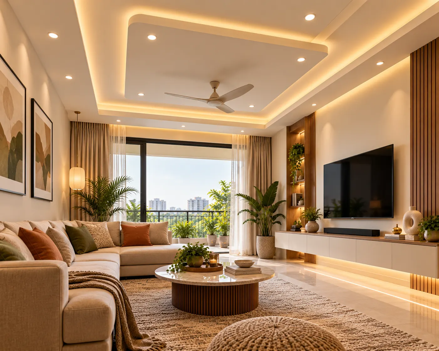 Warm minimalist living room featuring a layered POP ceiling, recessed spotlights and soft cove lighting