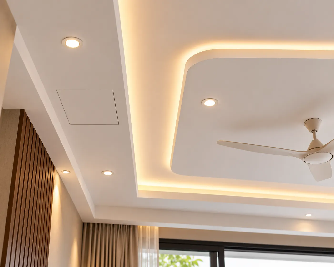 Close-up of a modern layered ceiling with warm cove lighting, recessed spotlights and clean ceiling detailing