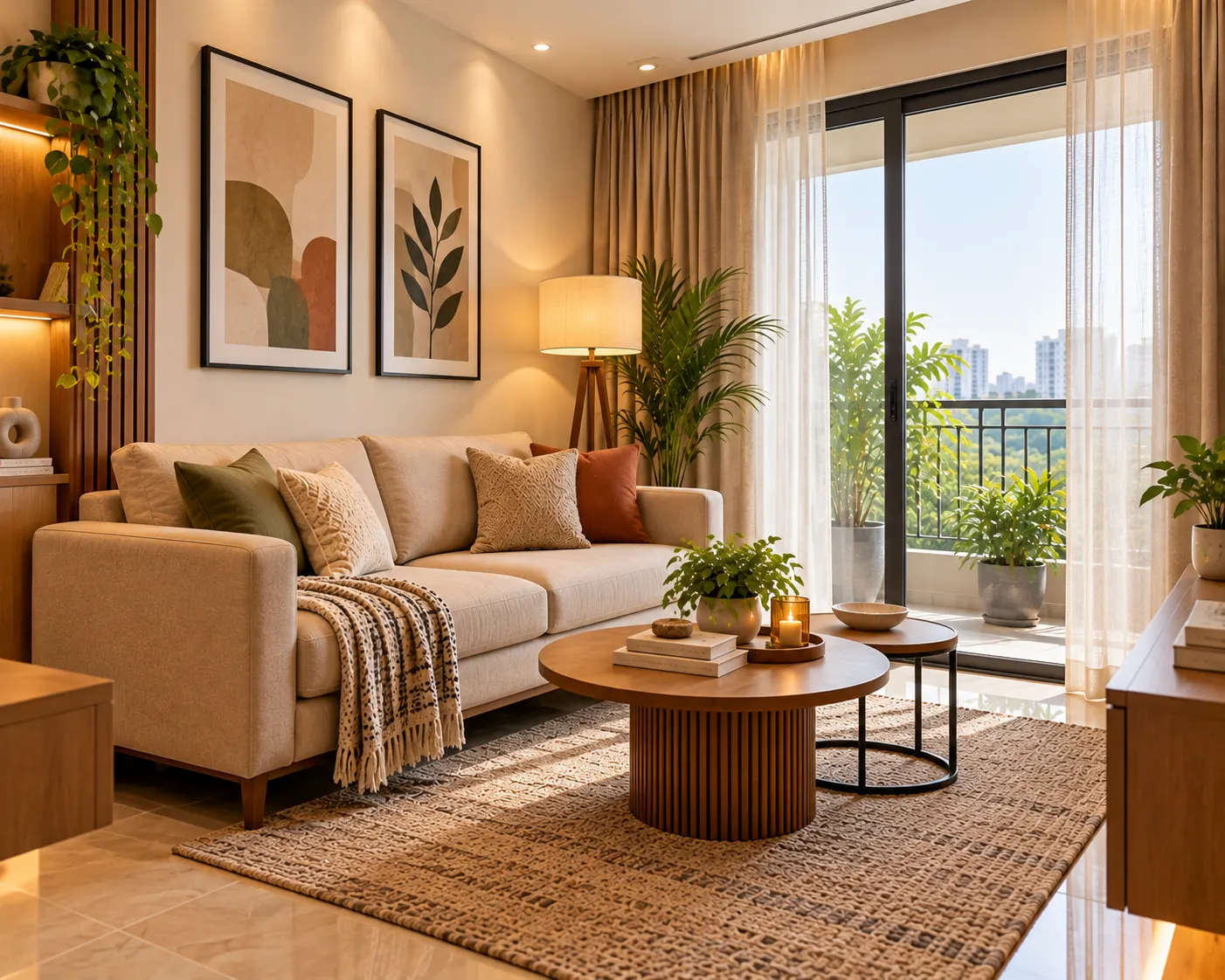 Compact warm-toned couch arrangement with neutral upholstery, a textured rug and an uncluttered contemporary living room layout