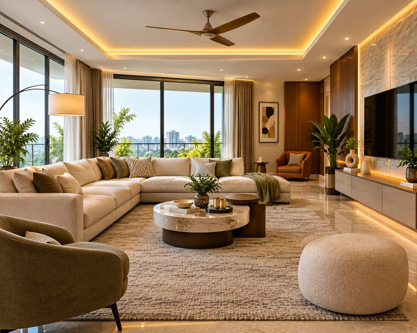 Spacious contemporary living room with a generous sectional couch, layered textiles and a coordinated seating arrangement