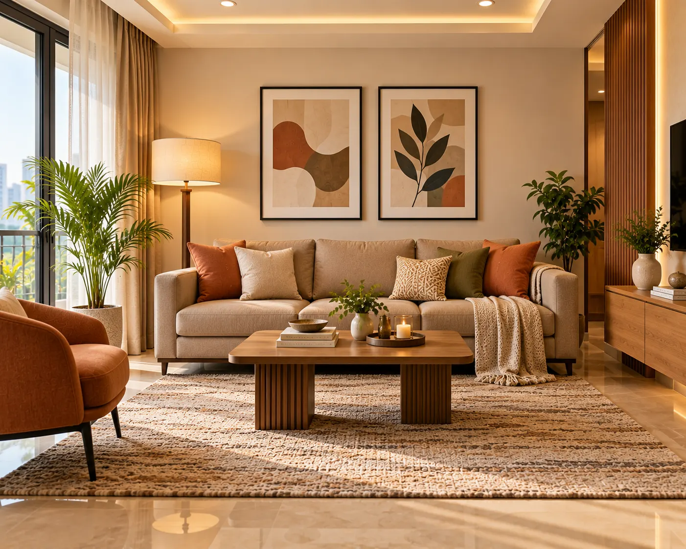 Balanced three-seater couch in a medium-sized living room with coordinated cushions, wooden coffee table and warm lighting