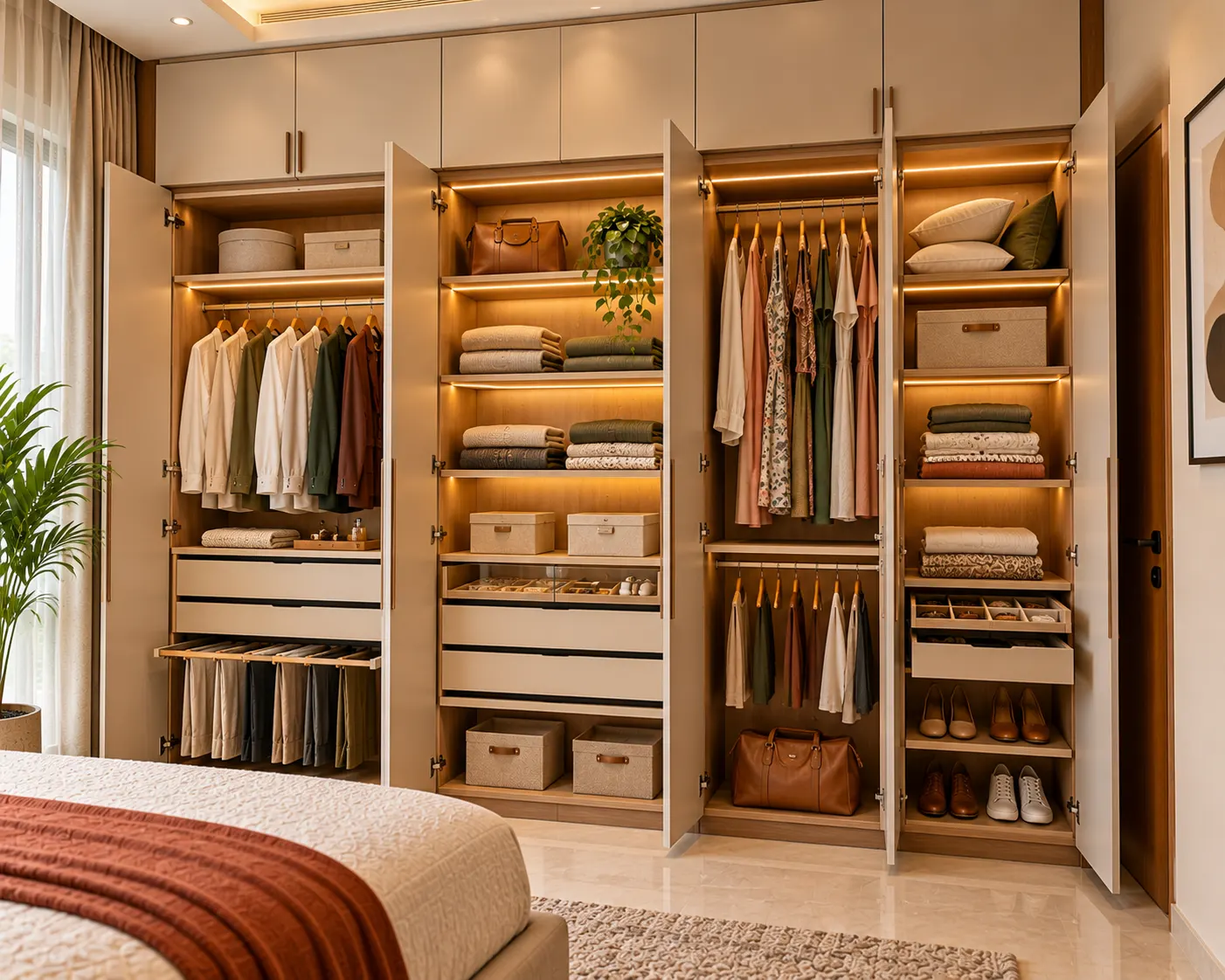 Warm-toned wardrobe interior with organised hanging sections, shelves, drawers and accessory storage