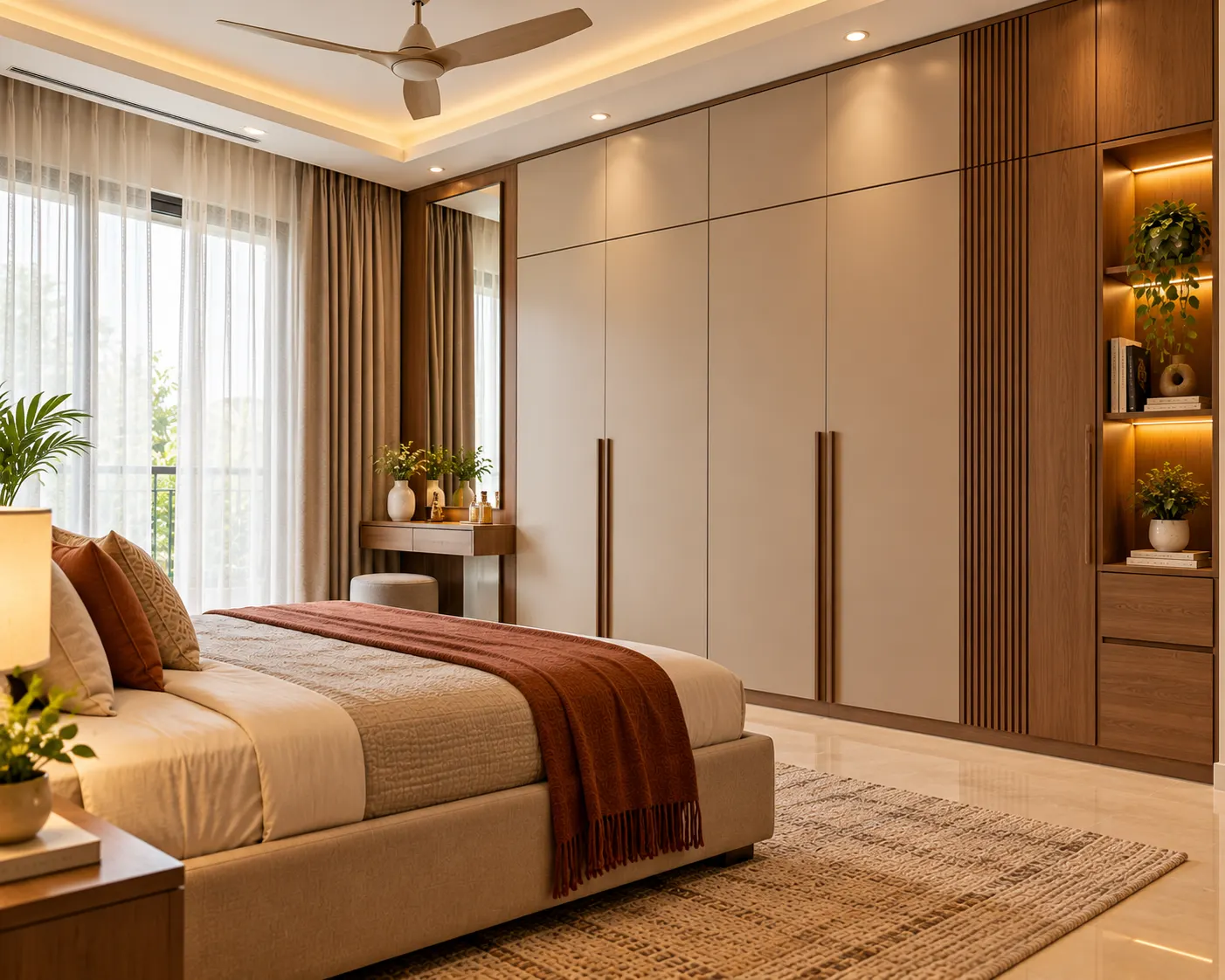 Contemporary bedroom with coordinated wardrobe finishes, warm wood details and a calm neutral palette