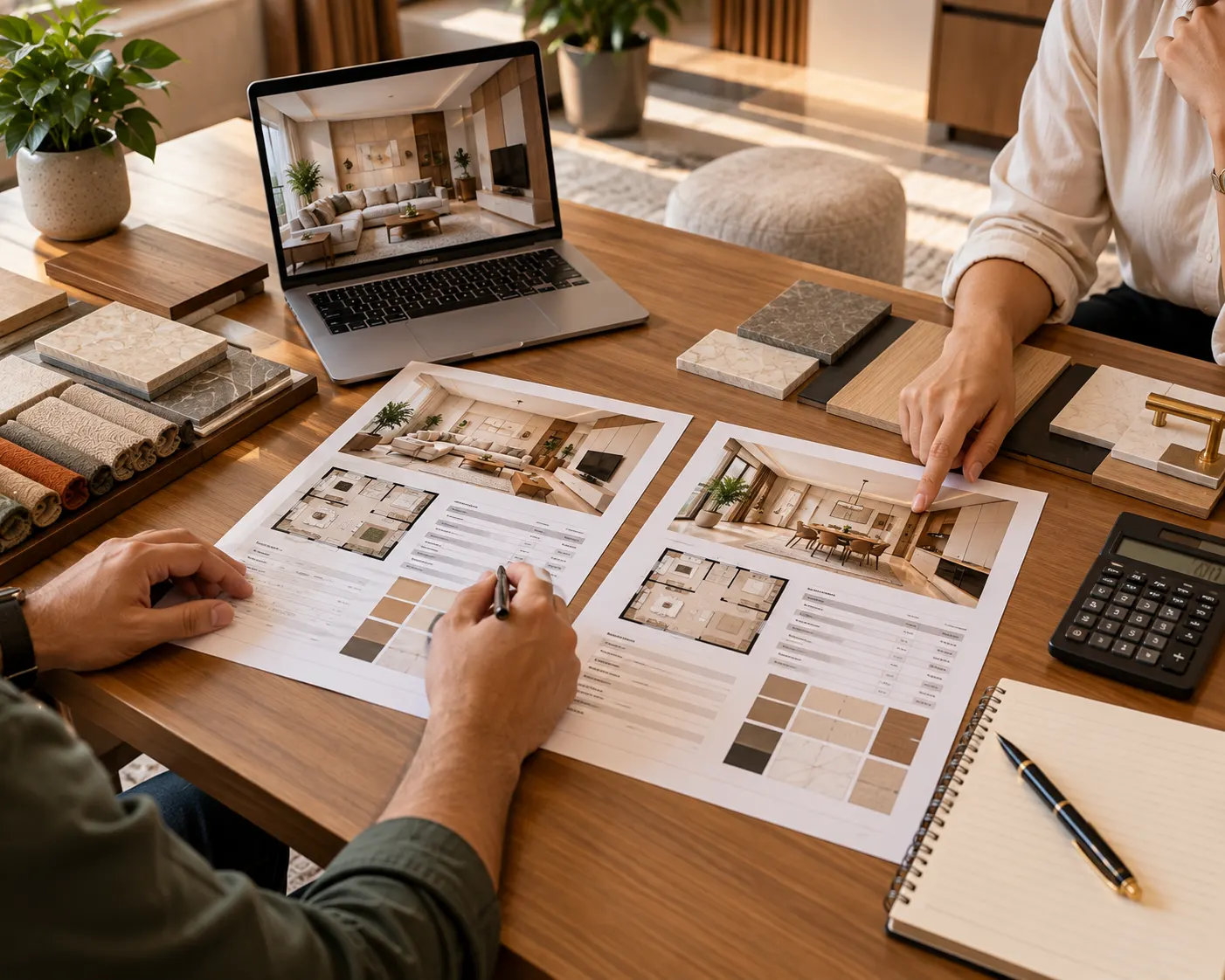 Interior design plans, material samples and quotation documents arranged for a project cost comparison