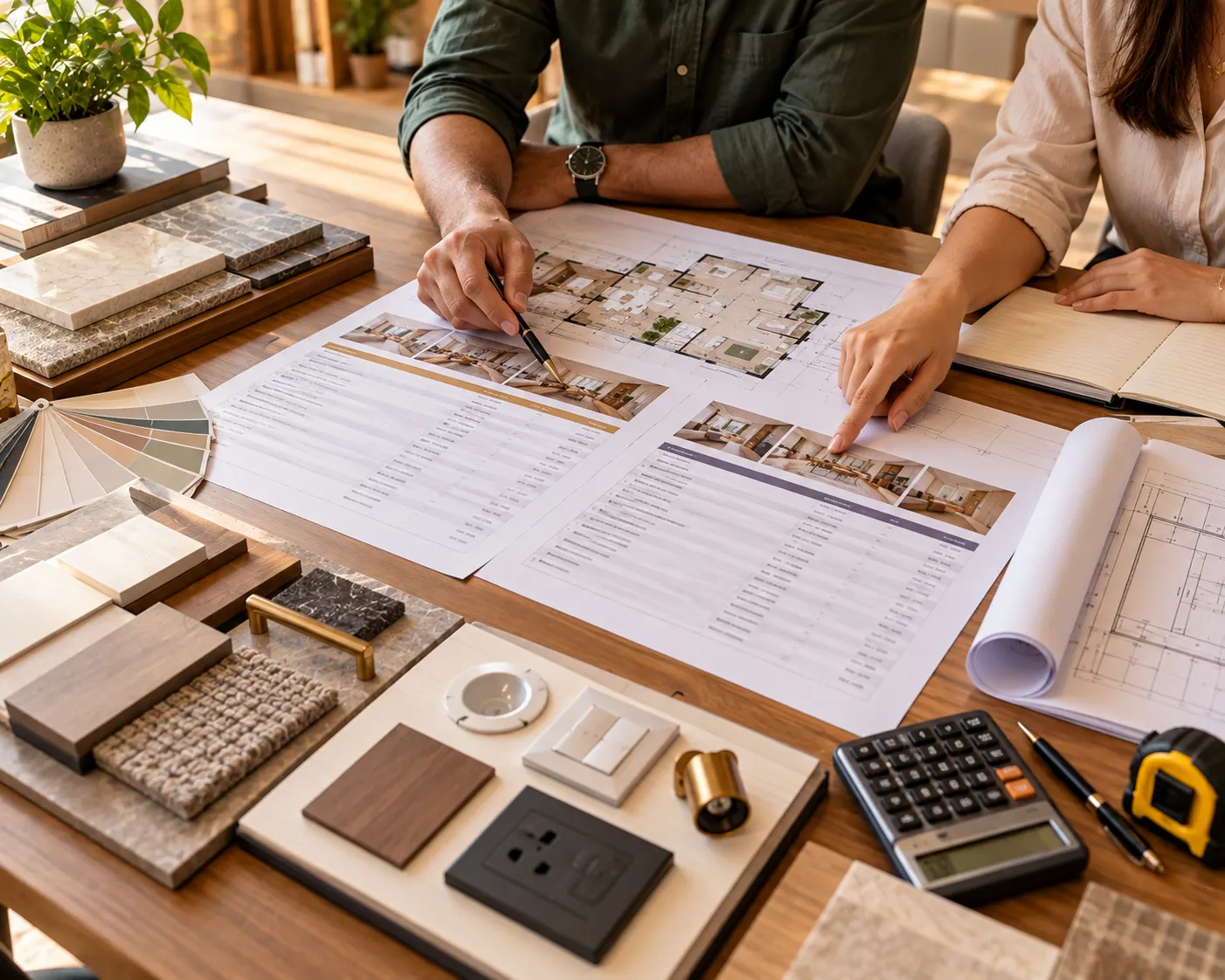 Interior designer and homeowner reviewing quotations, floor plans, material specifications and potential project costs