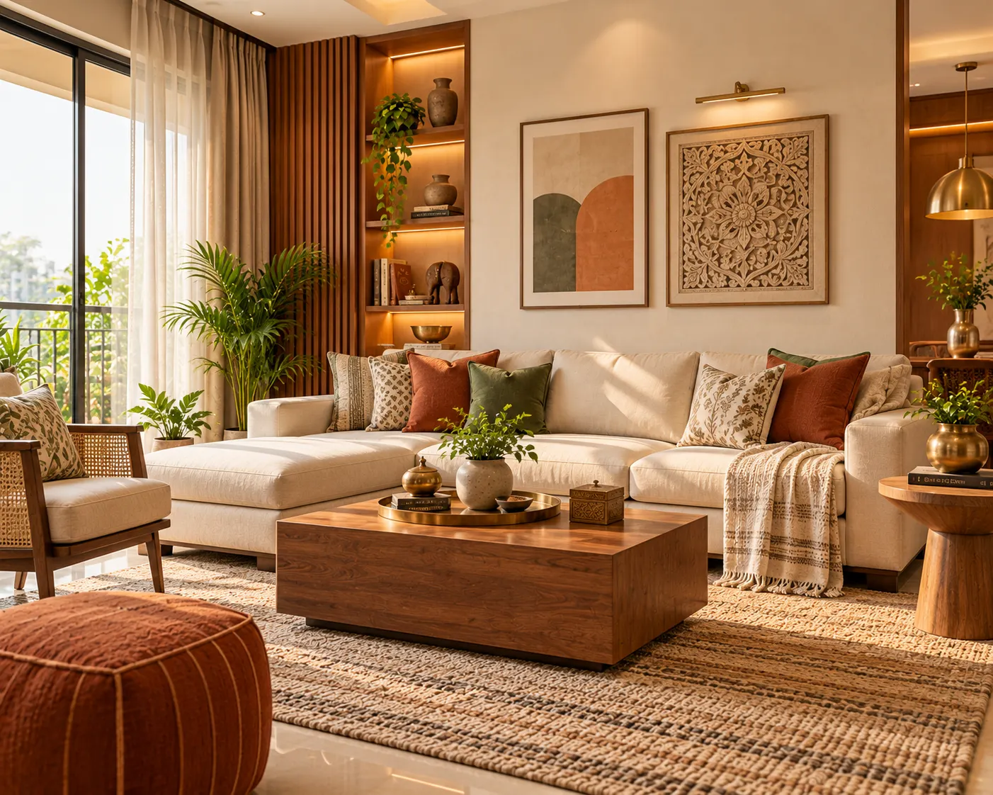 Contemporary Indian living room combining neutral furniture, natural wood, handcrafted accents and earthy colours