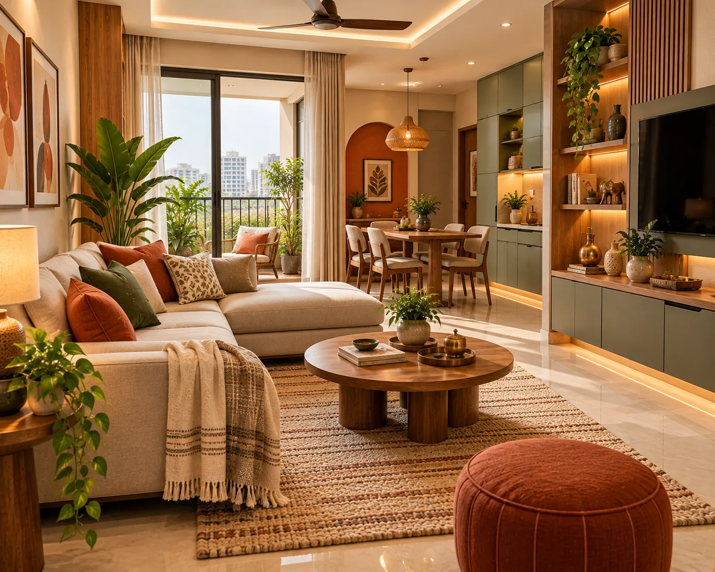 Contemporary Indian apartment combining comfortable seating, practical storage, a dining nook and coordinated natural finishes