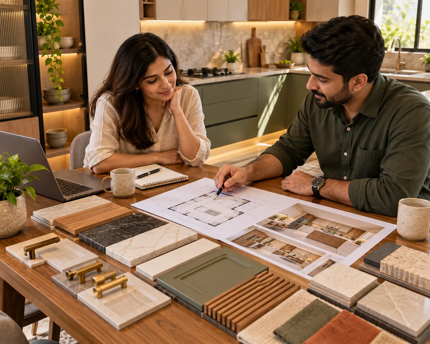 Kitchen designer and homeowner reviewing layout drawings, cabinetry finishes, countertop samples and hardware options during a design consultation
