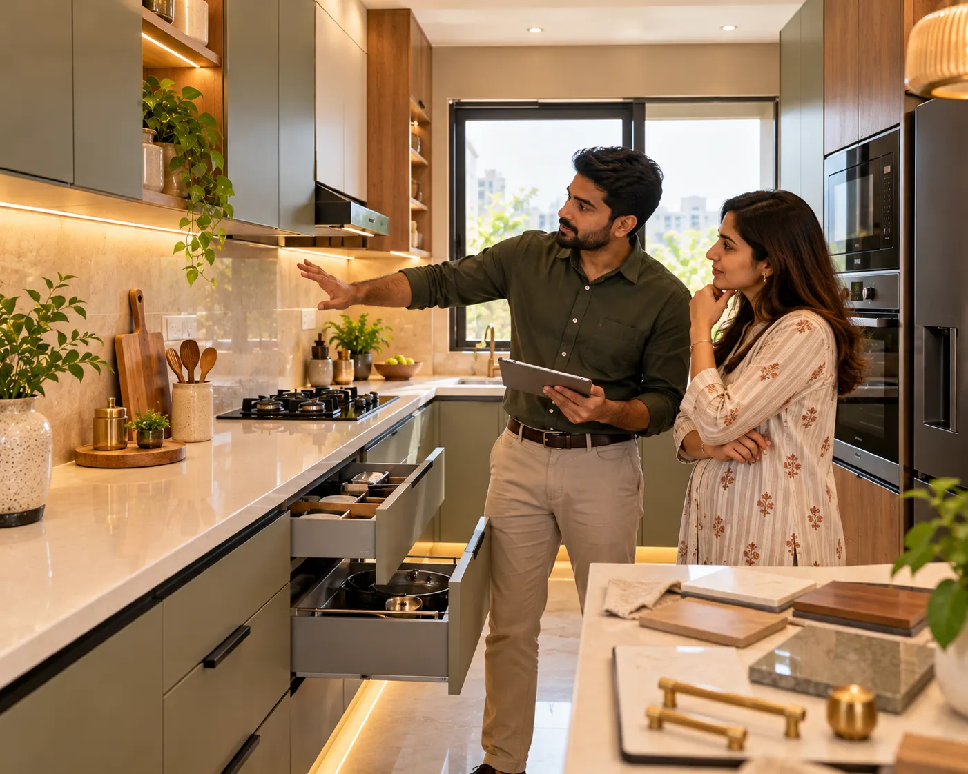 Homeowner and kitchen designer reviewing installed cabinetry, open drawers, finishes and hardware in a completed contemporary kitchen