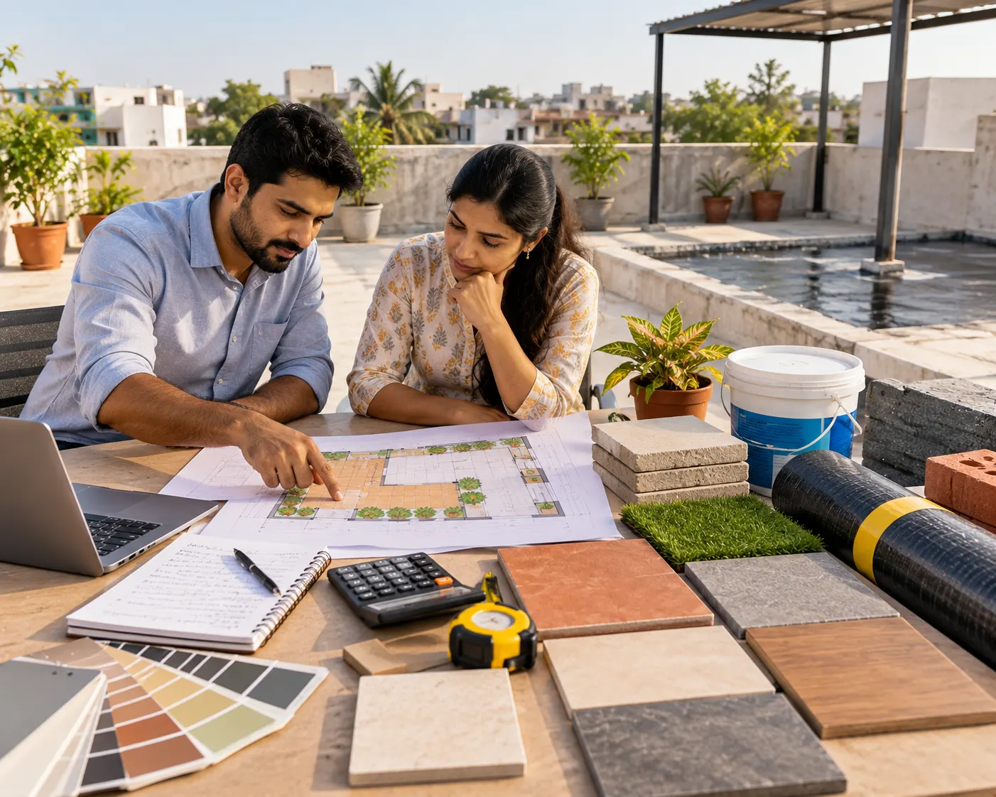 Homeowners reviewing a rooftop renovation plan, flooring samples, waterproofing supplies and a cost estimate