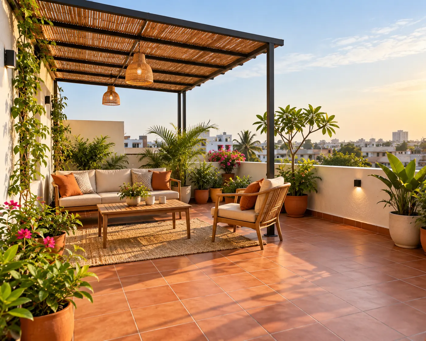 Warm rooftop terrace with terracotta flooring, practical seating, potted plants and a modest shaded pergola