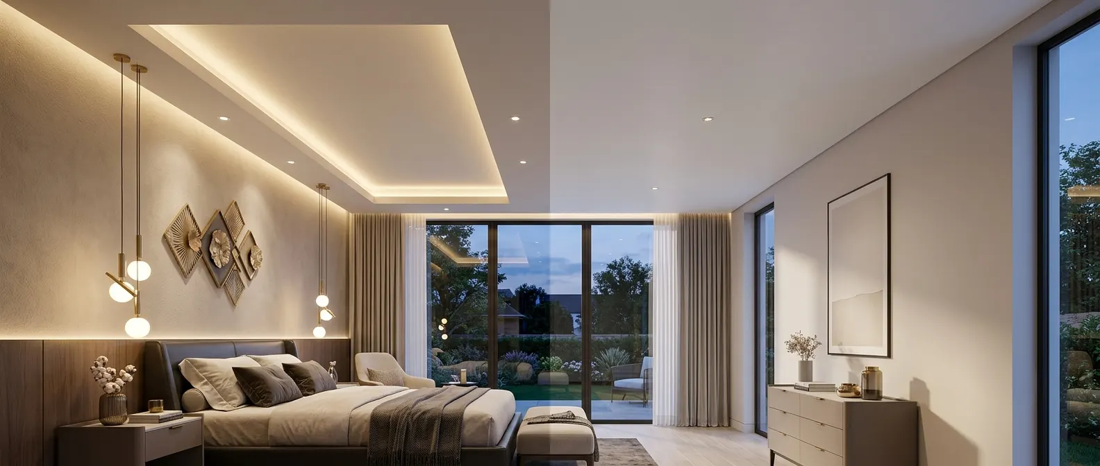 Compare false ceilings and flat ceilings for bedrooms to understand how each option affects room height, lighting, aesthetics, and overall cost. While a false ceiling design adds depth, concealed lighting, and a layered ambience, a flat ceiling preserves vertical space, offers a clean modern look, and is generally easier to maintain. Explore practical bedroom ceiling design ideas to choose the right balance of style, functionality, budget, and comfort for your home.